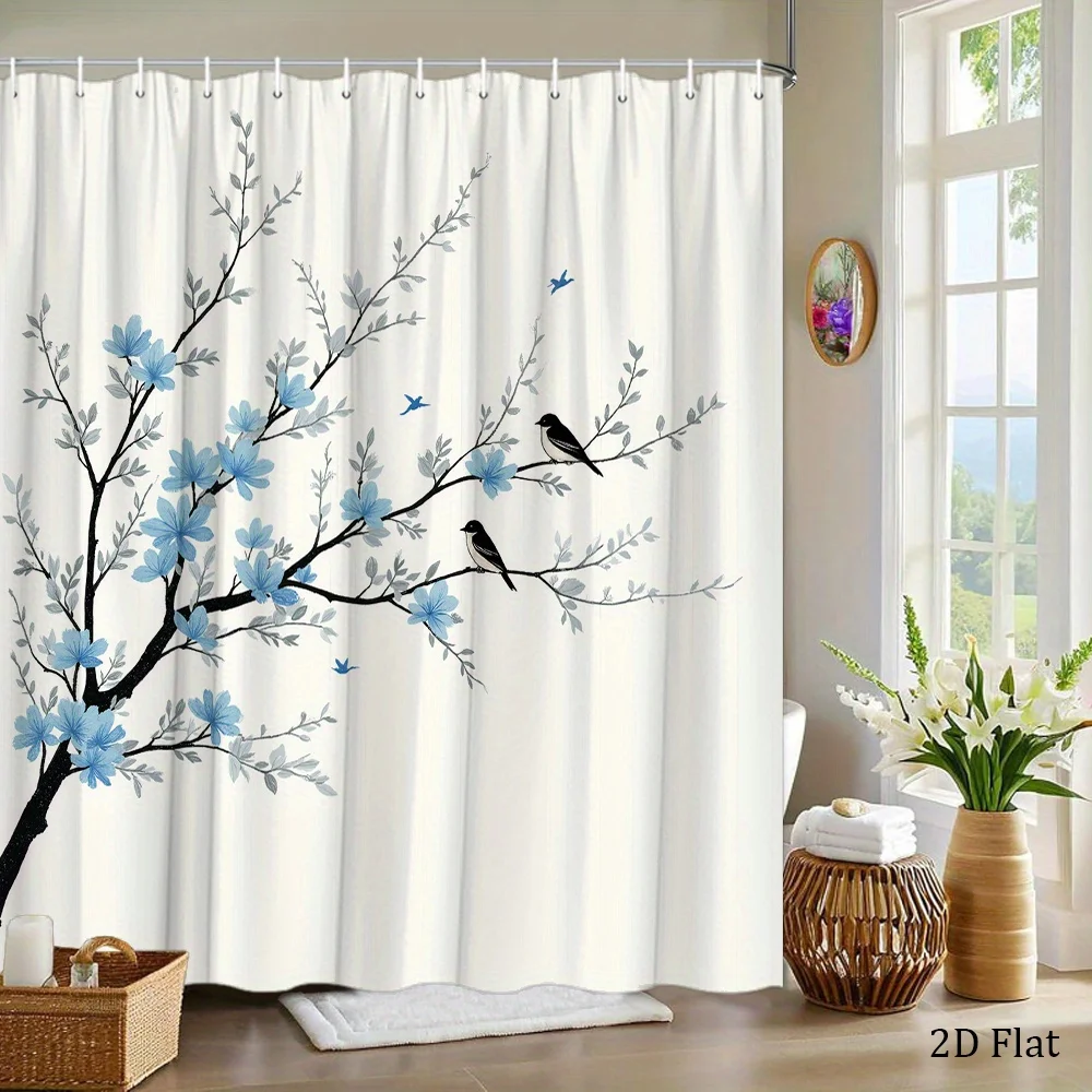 1pc 2D Flat Tree Branch Shower Curtain Black Tree Branch with Light Blue and Gray Flowers, Birds Perched and Flying on a Minimal