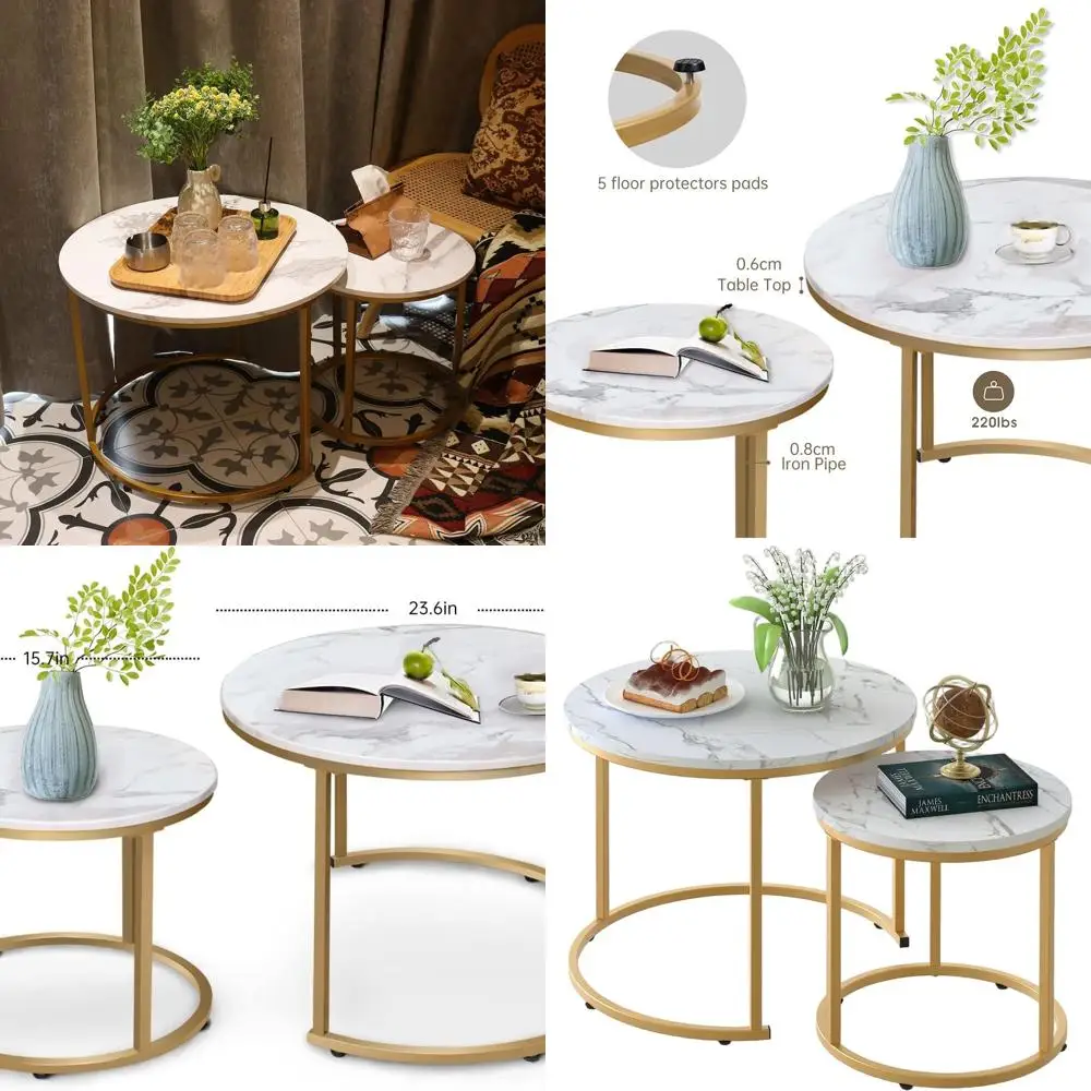 

White Nesting Coffee Table Set, 2-Piece Modern Side Tables with Golden Frame, Circular Marble Pattern, Wooden, Ideal for Living