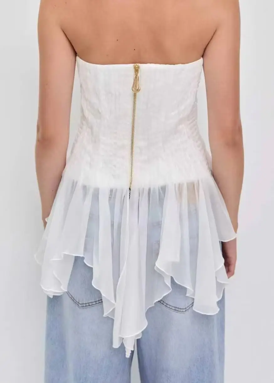 2026 Summer Women Mesh Spliced Top Strapless Sleeveless Solid Color Casual Irregular Tops