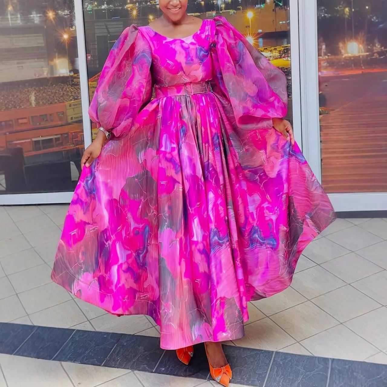 Kleider 2026 Trends Sommer Damenmode Boho Blumen Chiffon Maxikleid Rundhals Langarm Locker Knöchellang Freizeitkleid