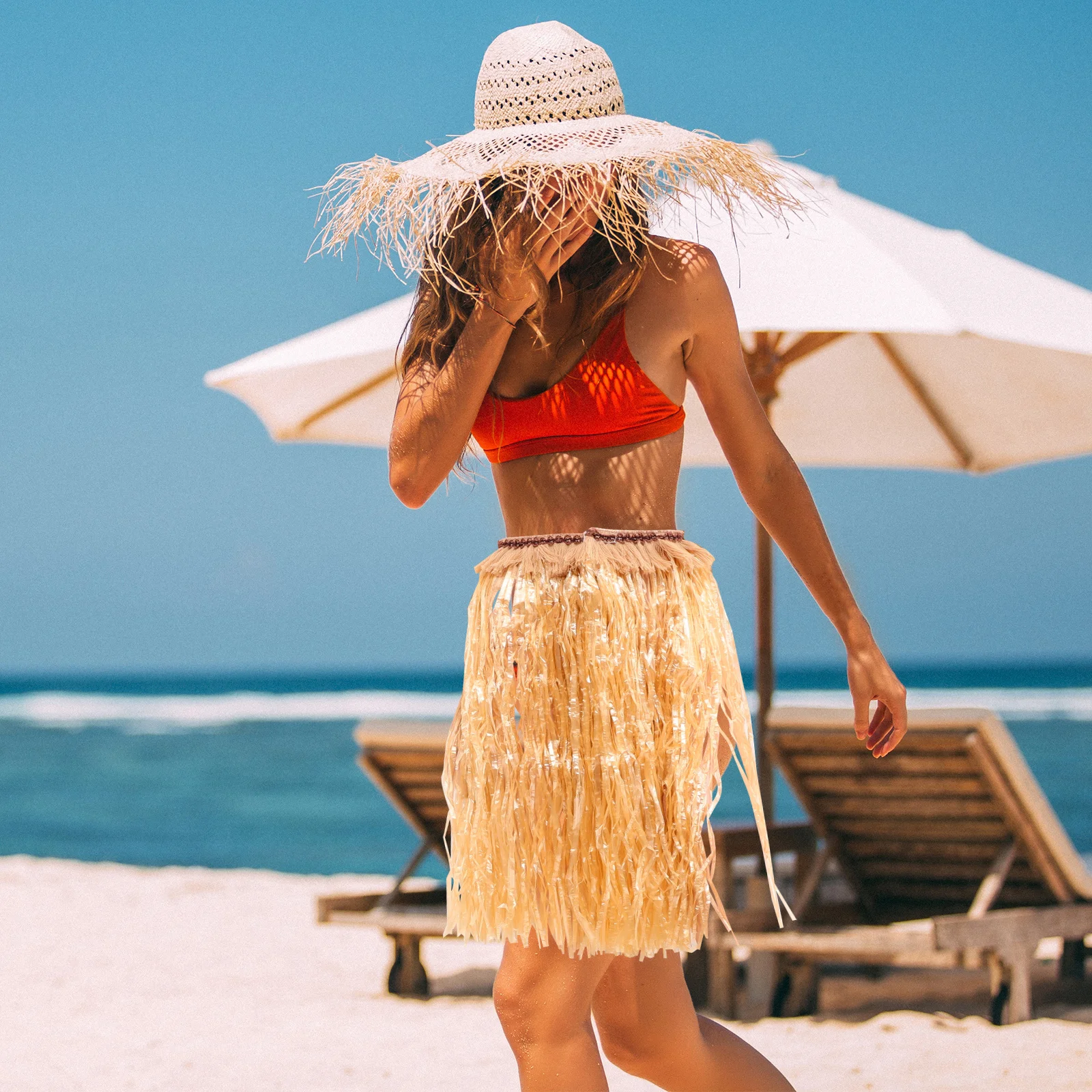 1세트 훌라 리프 스커트 탄력성 있는 하와이안 파티 의상 무대 공연 드레스 잔디 춤 스커트 축제 장식