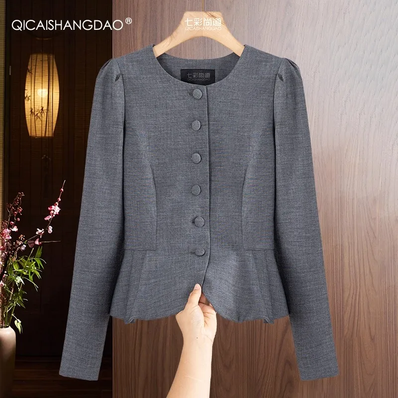 

Винтажный женский серый повседневный пиджак, тонкая короткая куртка с круглым вырезом, модный офисный топ для работы