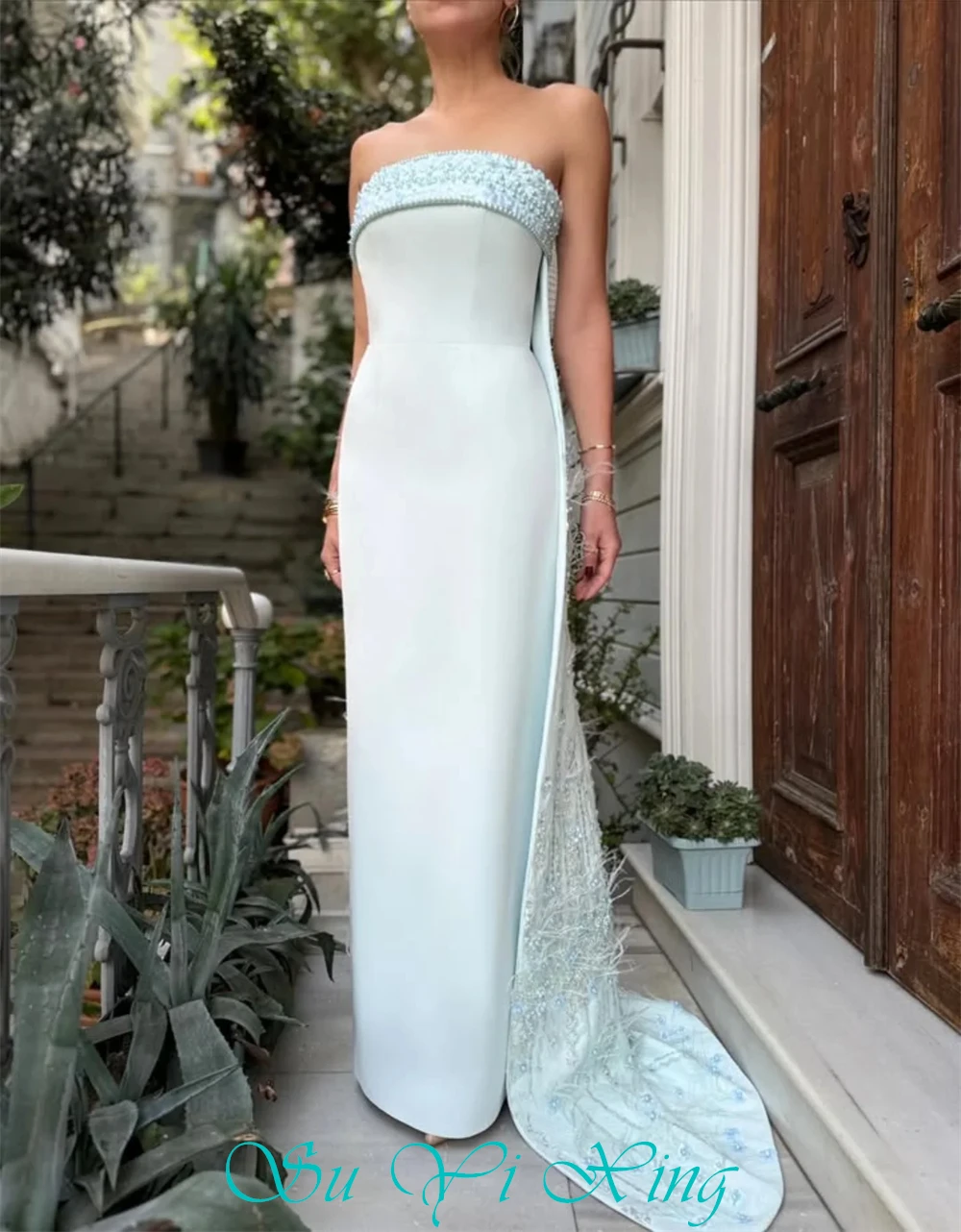 Customized Boho Blue Jersey Evening Dress Formal Strapless Sleeveless Cocktail Dress Classic Straight Court Train Party Dresses