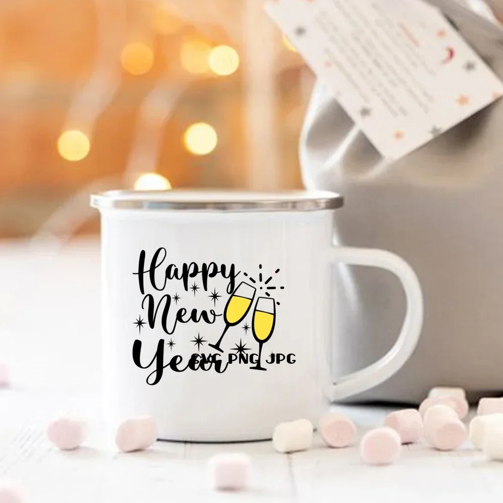 New Year Party Wine Beer Coffee Cups Cheers To The New Year Printed Enamel Mugs Dessert Cocoa Handle Cup Gifts for Family Friend