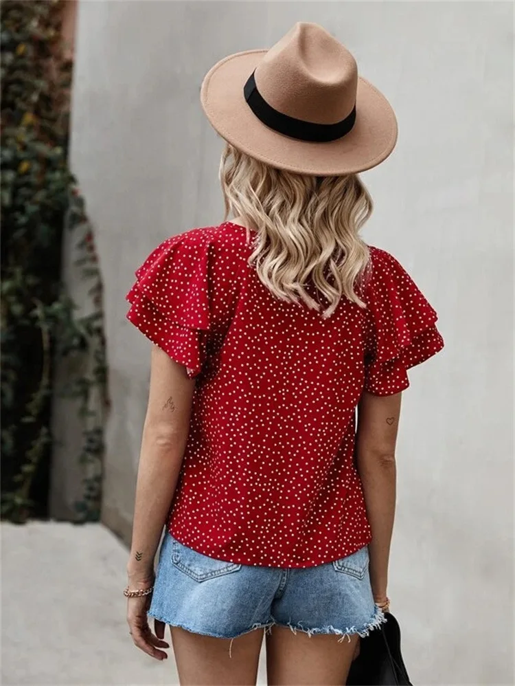 Spring and summer fashion casual ladies short-sleeved digital printing dots red lotus leaf patchwork t-shirt