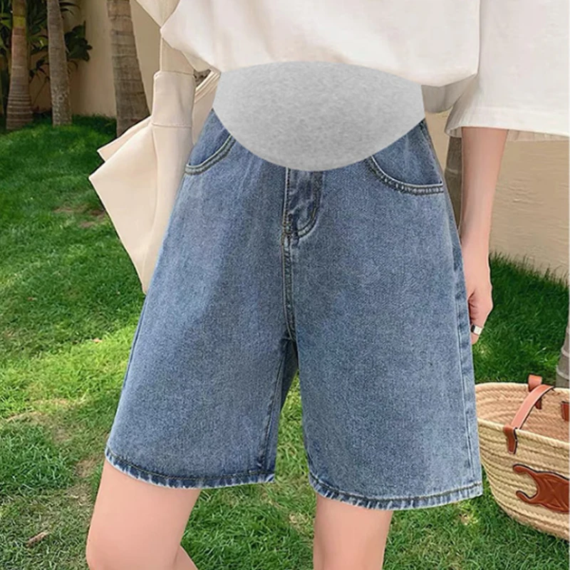 High Waist Maternity Denim Bermuda Shorts Elastic Belly Support Straight Leg Pregnancy Jean Shorts with Pockets