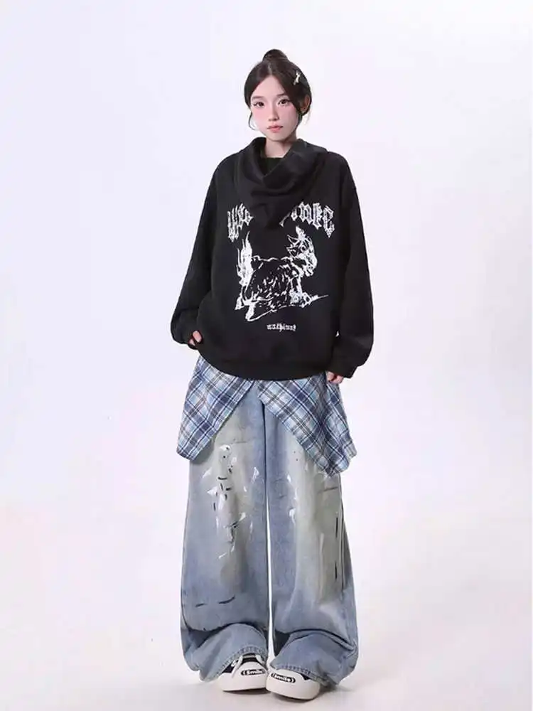 المرأة الأزرق Y2k البضائع الجينز Harajuku فضفاض واسعة الساق سراويل جينز خمر كبيرة الحجم جان السراويل الطويلة اليابانية 2000s الملابس الجديدة