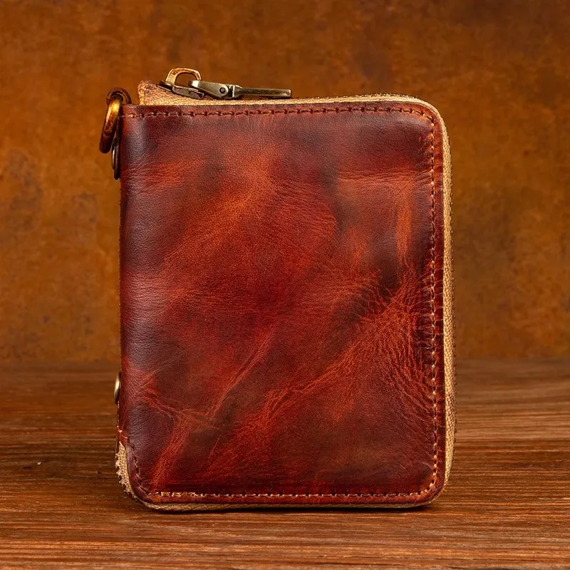 The first layer of leather zippers for men and women short wallet leather hand-painted retro wallet card vertical.