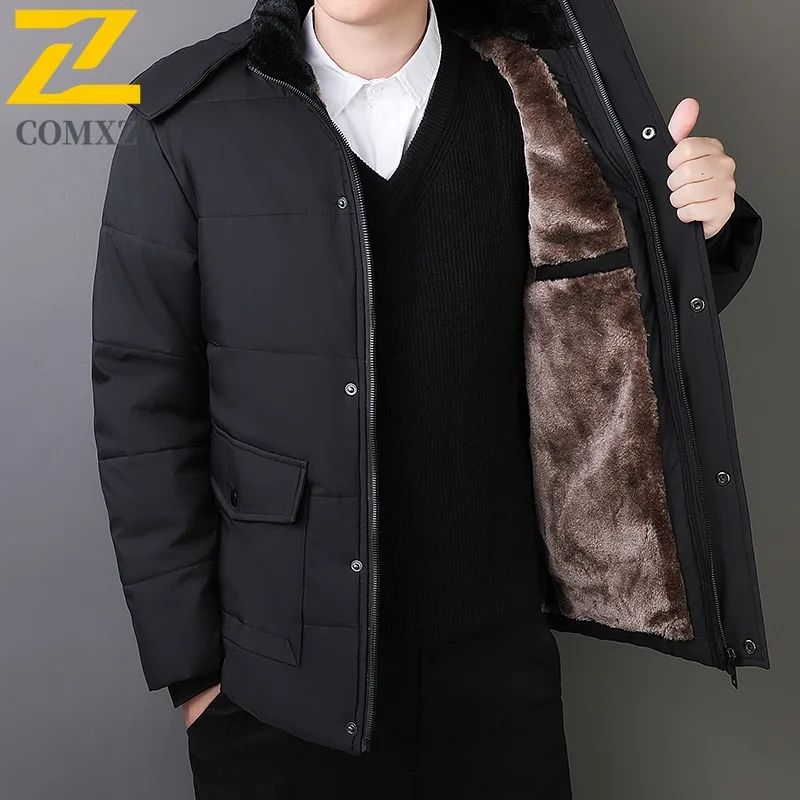 COMXZ 2025 Men New Fleece Lined Thickened Mid Length Coat Youth Winter Thermal Waterproof Windproof outdoor sports Padded Jacket