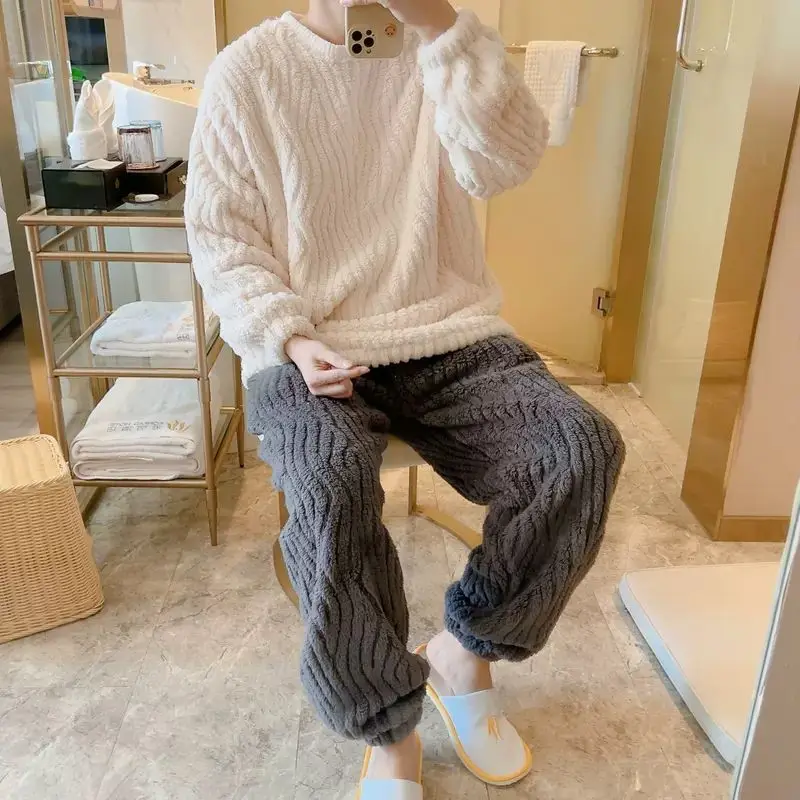 Pajamas for Men Fleece Winter Sleepwear Korean Sleeping Night Wear O-neck Pijama 2 Pcs Pants Sets Warm Solid Home Suit 2024 New