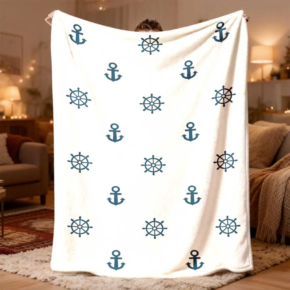 Nautical Anchor Compass Throw Blanket 150x200cm Cozy Fleece Bed Throw for Living Room Decor Marine Beach Gift Soft Home Decor