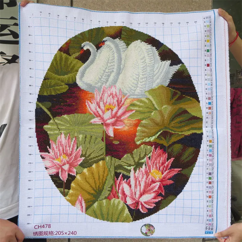 Handmade cross stitch finished product with beautiful scenery, swan and lotus flowers. New style living room, bedroom, circular