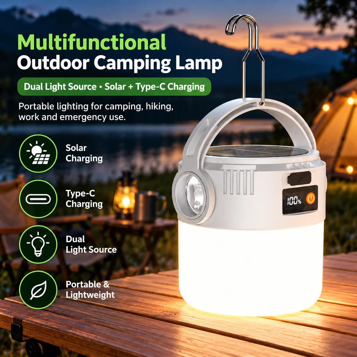 Solar LED Camping Lantern Rechargeable Outdoor Tent Light USB Type-C Charging Portable Lamp with Hook Battery Display Emergency