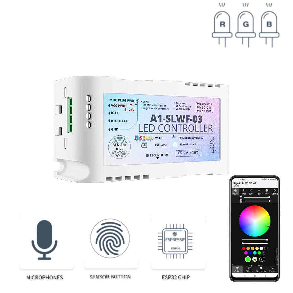 ESP32 Mic RGBIC kontroler LED A1-SLWF-03 ściemniacz led asystent domowy dla WS2812 WS2811 WS2813 WS2815 piksele taśmy świetlne DC5-24V