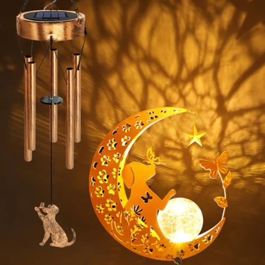 2Pack Solar Wind Chimes for Outside, Dog Lover Gifts for Mom Women Men Birthday Mothers Day, Hanging Outdoor Decor Cracked Glas