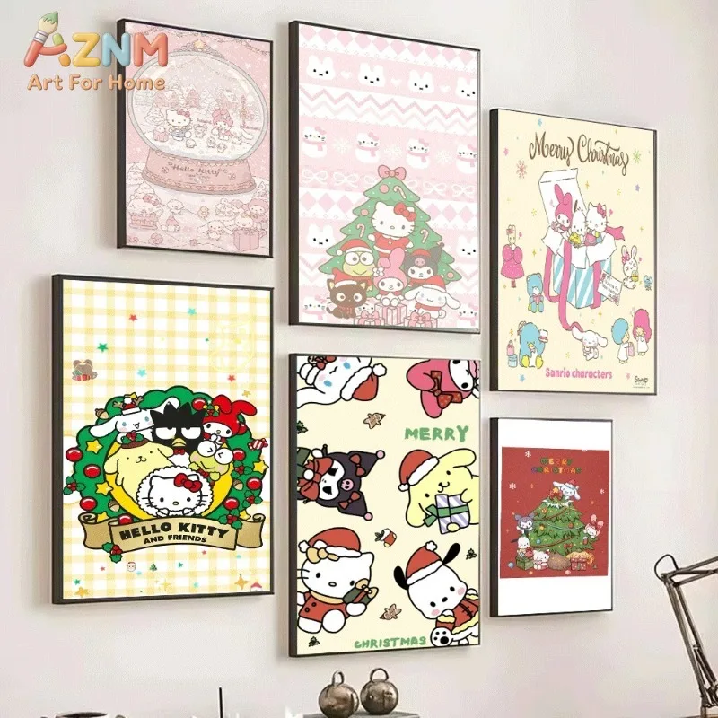 Sanrio Hello Kitty Snow Globe Christmas Cute Cartoon Canvas Wall Art Unframed Canvas Poster Print for Kids Bedroom Nursery Home