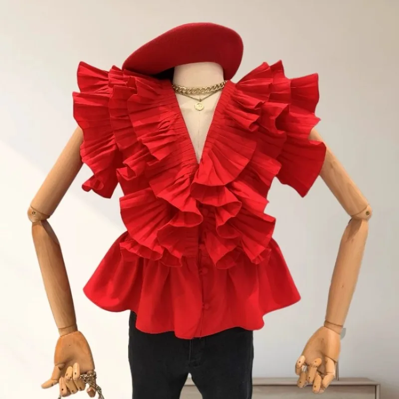 

Elegant Sweet Ruffles Patchwork V-neck Shirt Women Flying Sleeve White Blusas Mujer 2025 Summer New All-match Blouses