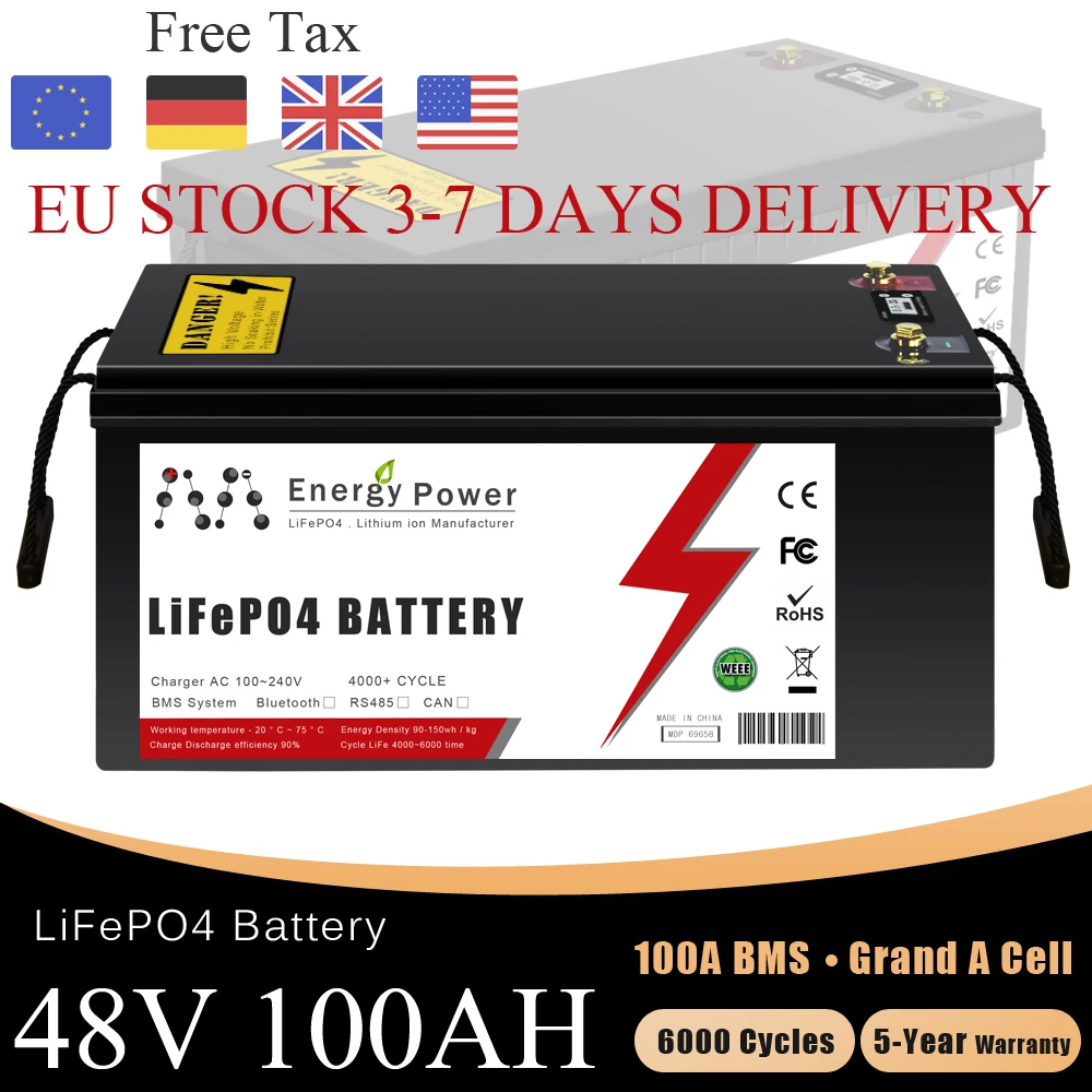

48V 100Ah LiFePO4 Battery 6000 Cycles 51.2V Lithium Iron Phosphate Batteries For Solar Home Energy Golf Car Forklift Boat Motor