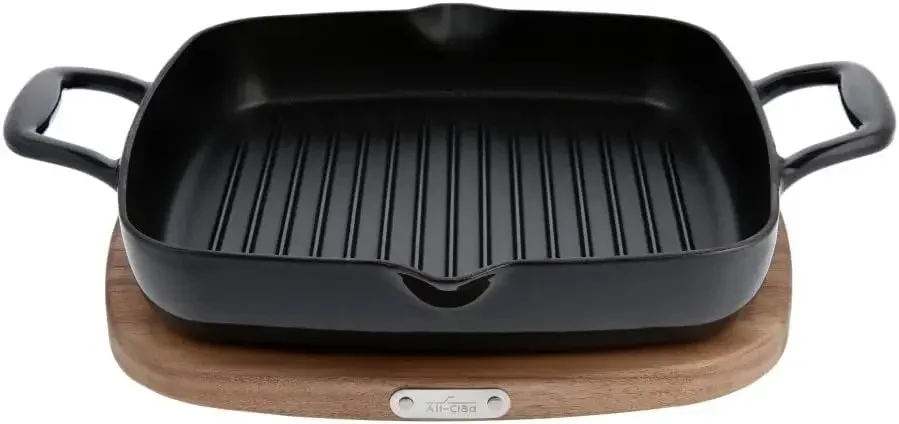 Cast Iron Enameled Square Grill with Acacia Trivet 11 Inch Induction Oven Broiler Safe 650F Pots and Pans