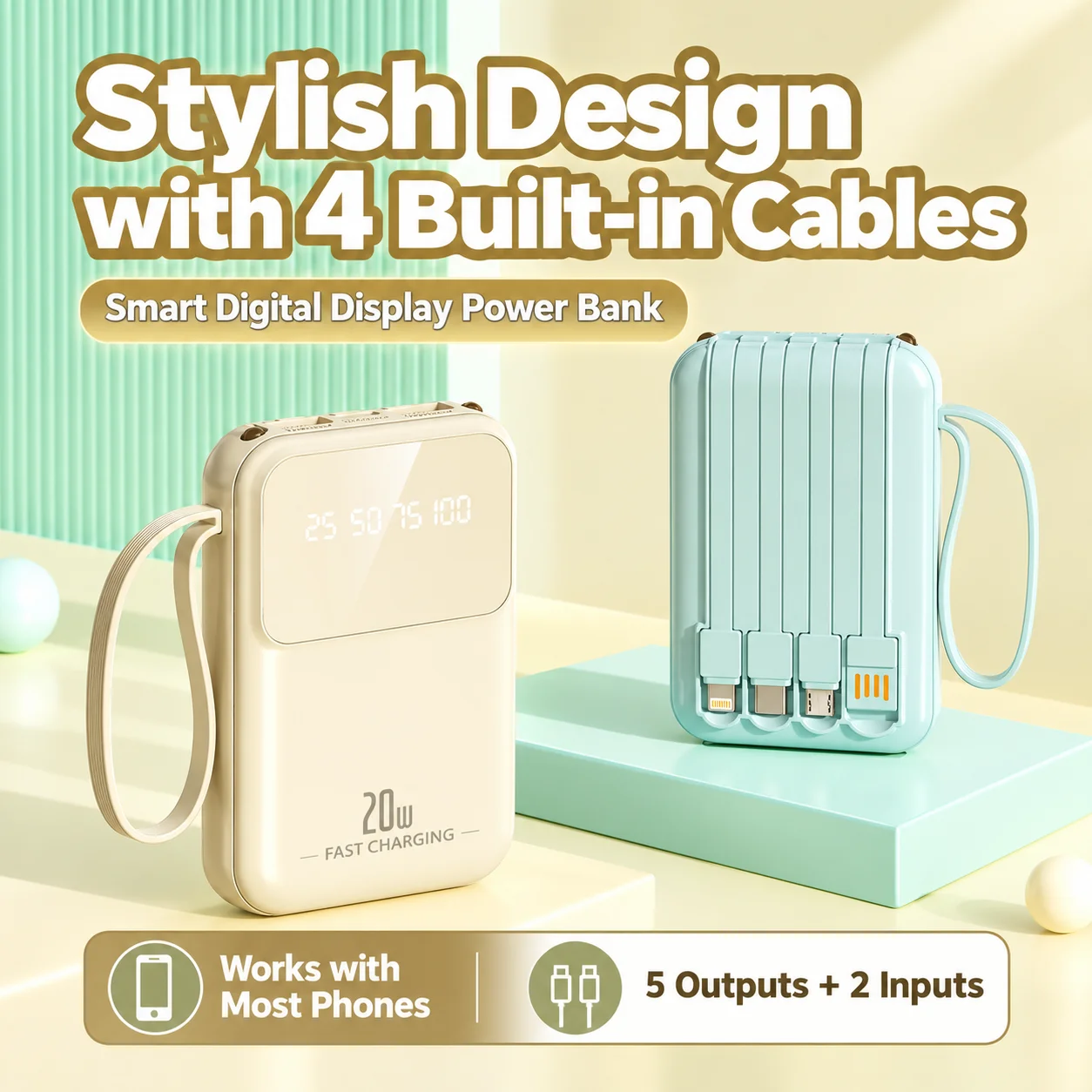 New 20000mAh Large Capacity Mini Power Bank 3C Certified Self-contained Cable Small Portable Mobile Power Supply Backup Battery