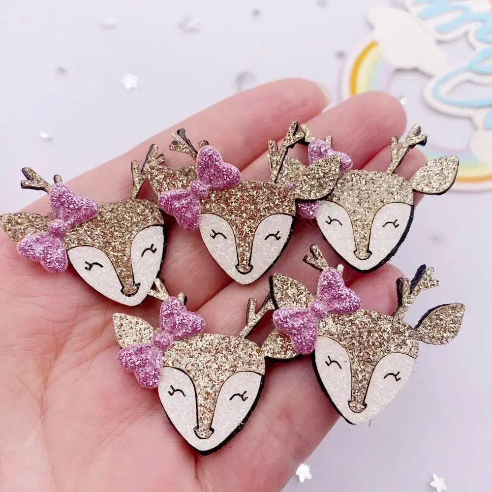 10pcs Felt Fabric Colorful Glitter 3D Bepowder Cartoon Bowknot Golden Deer Patch Applique Sewing DIY Hair Bow Crafts Supplie XE8