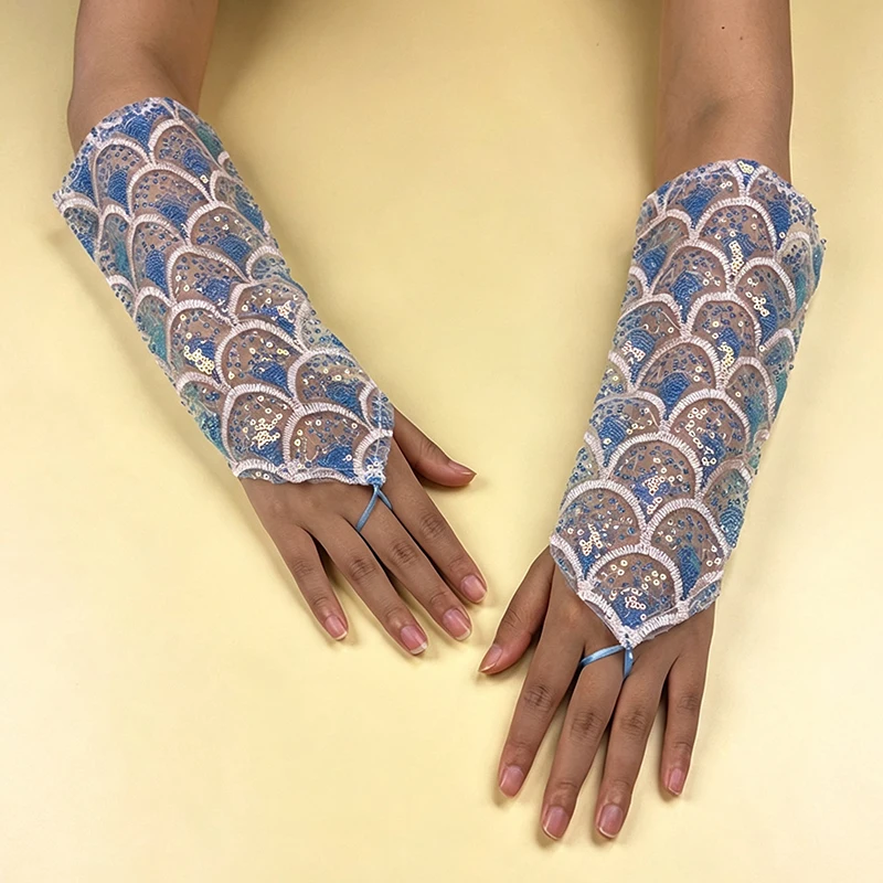 29cm Women Mermaid Sequins Hook Finger Gloves Creative Stage Performance Cosplay Embroidery Halloween Dance Party Nightclub