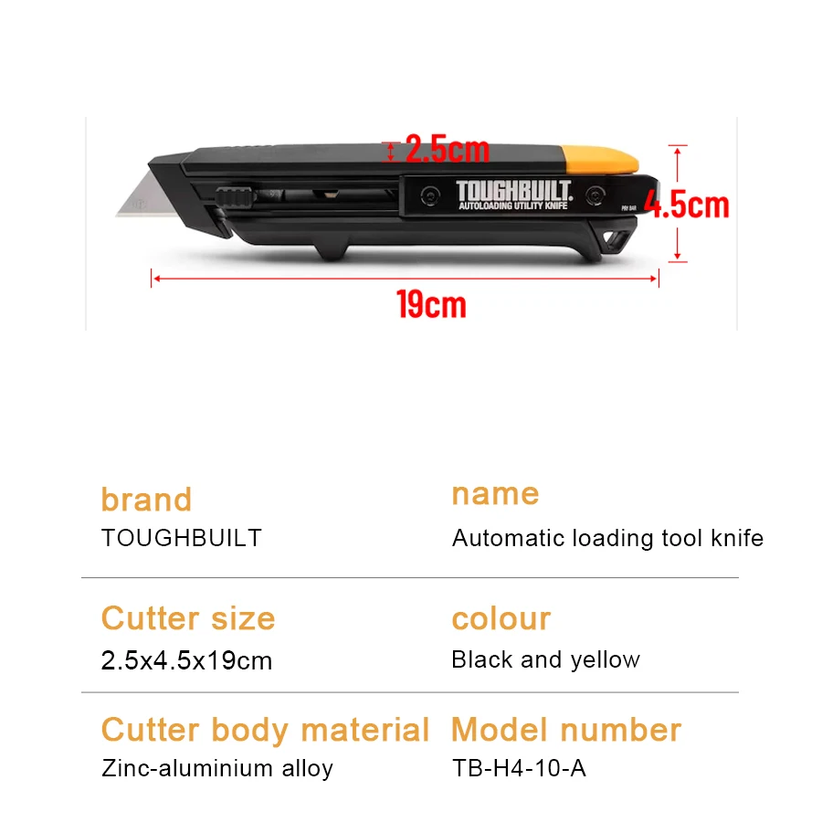 TOUGHBUILT TB-H4-10-A 3/4-in 5-Blade Retractable Utility Knife with On Tool Blade Storage Auto-loading Utility Knife