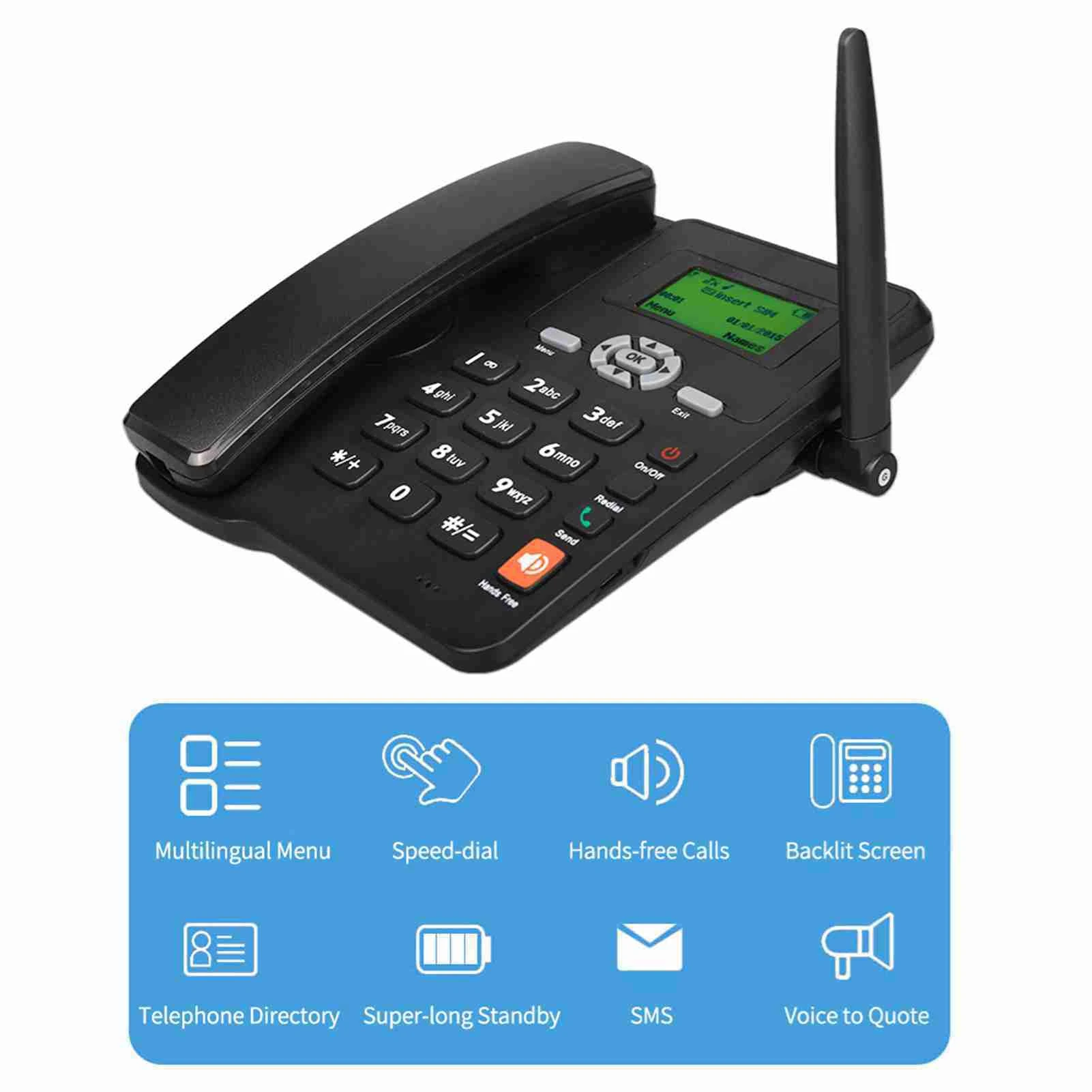 

Fixed Wireless Phone Desktop Telephone with Antenna Radio Alarm Clock Funtion Support GSM 850/900/1800/1900MHZ Dual SIM Card 2G