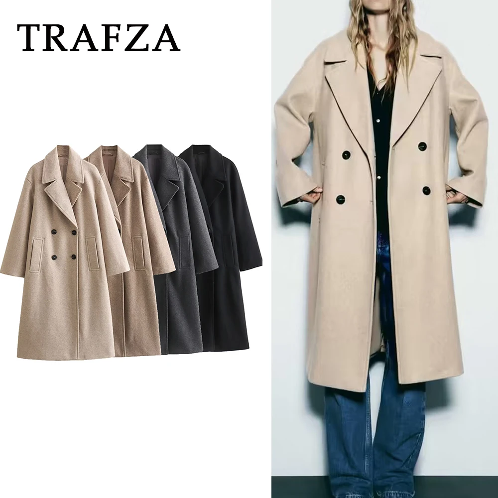 TRAFZA 2023 Autumn Winter Women Casual Solid Coats Loose Fit Long Jacket Double Breasted Elegant Fashion Women Thick Warm Coats