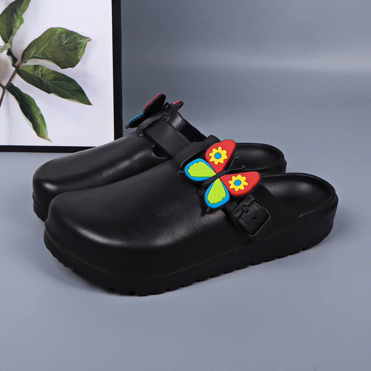 Women's Nurse Clogs EVA Slip On Shoes with Butterfly Decoration Adjustable Buckle for Hospital and Everyday Wear