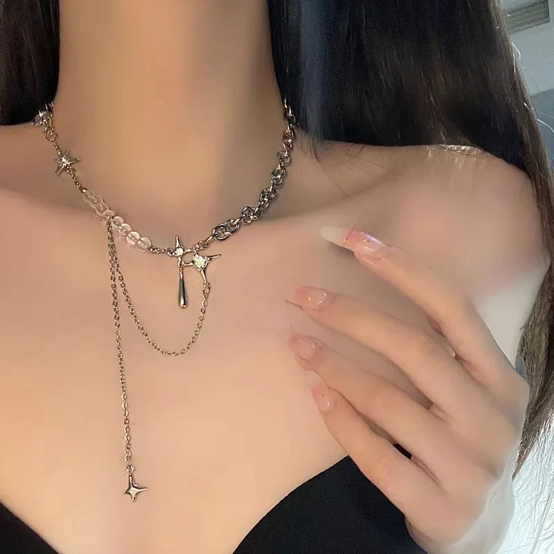 Irregular Star Water-drop Chain Necklaces Y2K Zircon Crystal Beads Tassel Necklace Aesthetic Heart Choker Necklaces Jewelry Gift