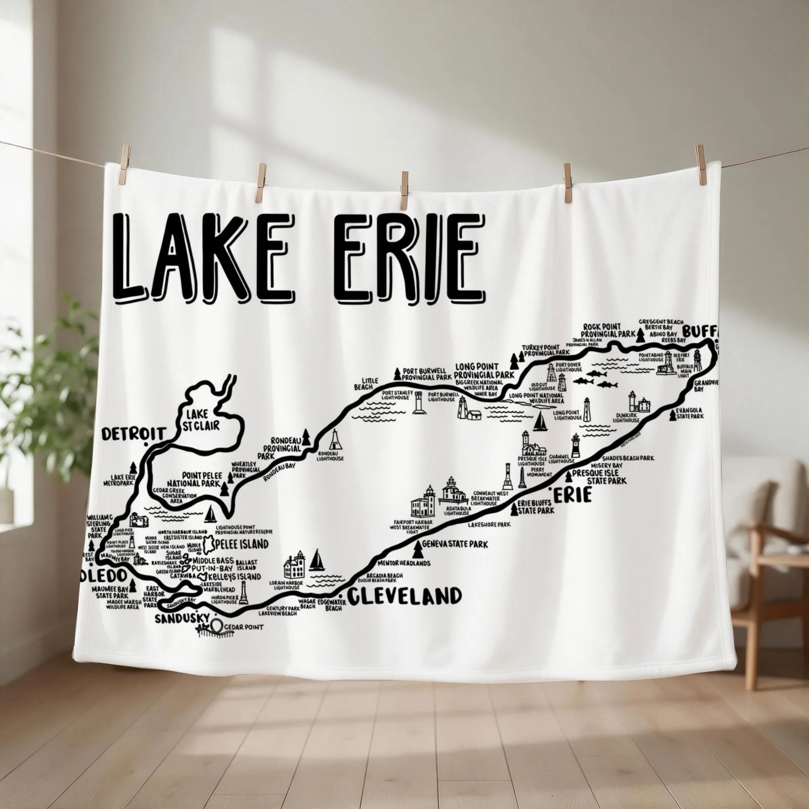 Lake Erie Map Throw Blanket couch cozy soft plush fuzzy picnic outdoor blanket