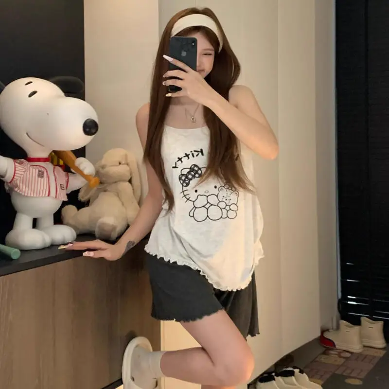 Летние пижамы без рукавов Sanrio, 2 шт., жилет с героями мультфильмов Kuromi для девочек, популярные студенческие шорты «Hello Kitty», модная домашняя одежда My Melody