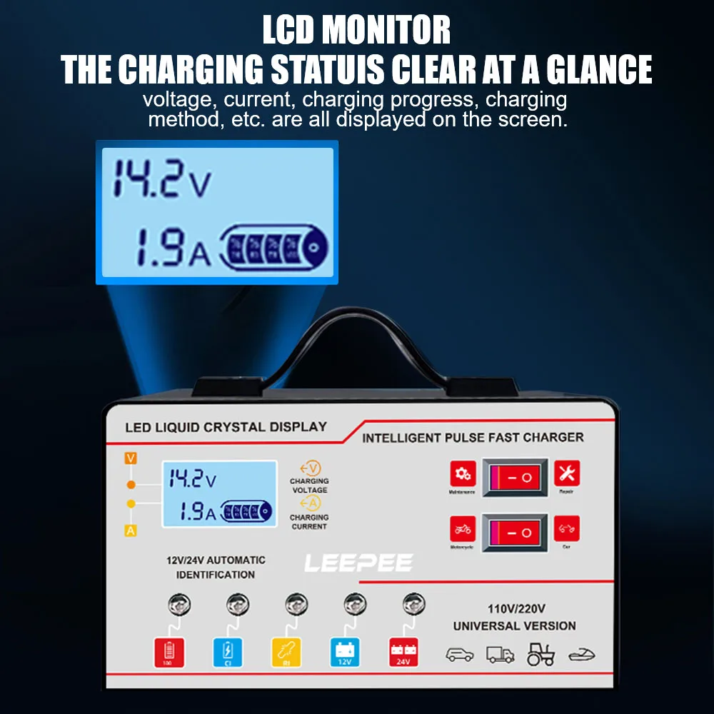 سيارة RV شاحنة مقطورة شاحن بطارية ذكي إصلاح نبض السيارات متعددة الوظائف 12 فولت 24 فولت الجهد كشف درجة الحرارة الذكية