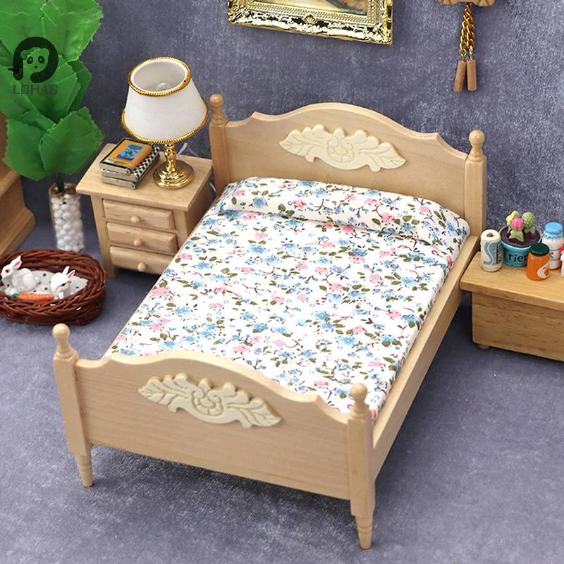 

1Pc 1:12 Dollhouse Miniature Bedroom Double Bed European Simulation Furniture Model Living Scene Decor Toy
