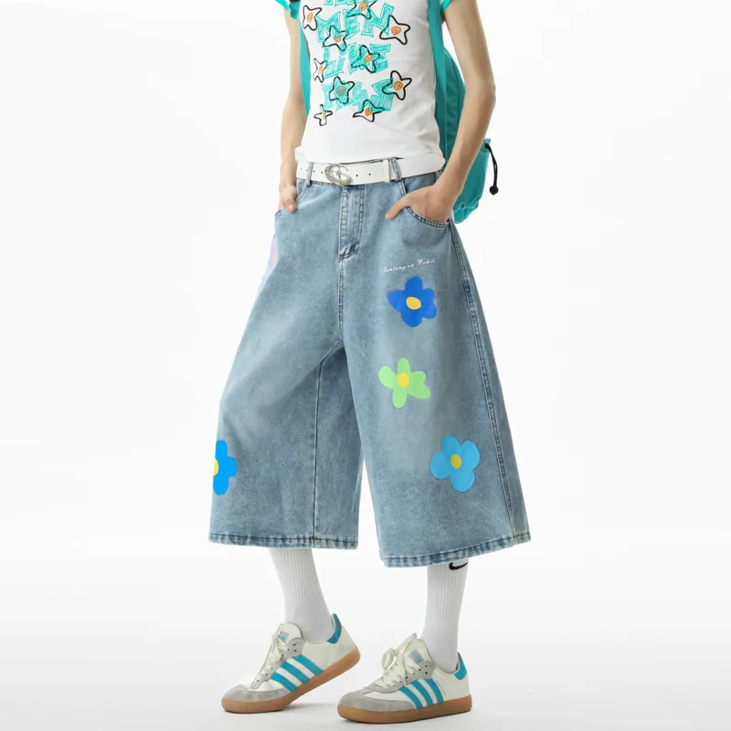 Summer Flower Jeans Men Fashion Casual Embroidered Jeans Men Streetwear Loose Hip-hop Wide Leg Jeans Man Cropped Trousers