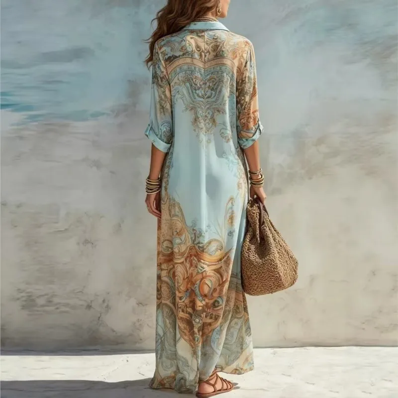 Boho Floral Print Shirt Dresses Women Turn-down Collar Single-breasted Loose Long Dress Summer Casual Beach Vacation Flowy Dress