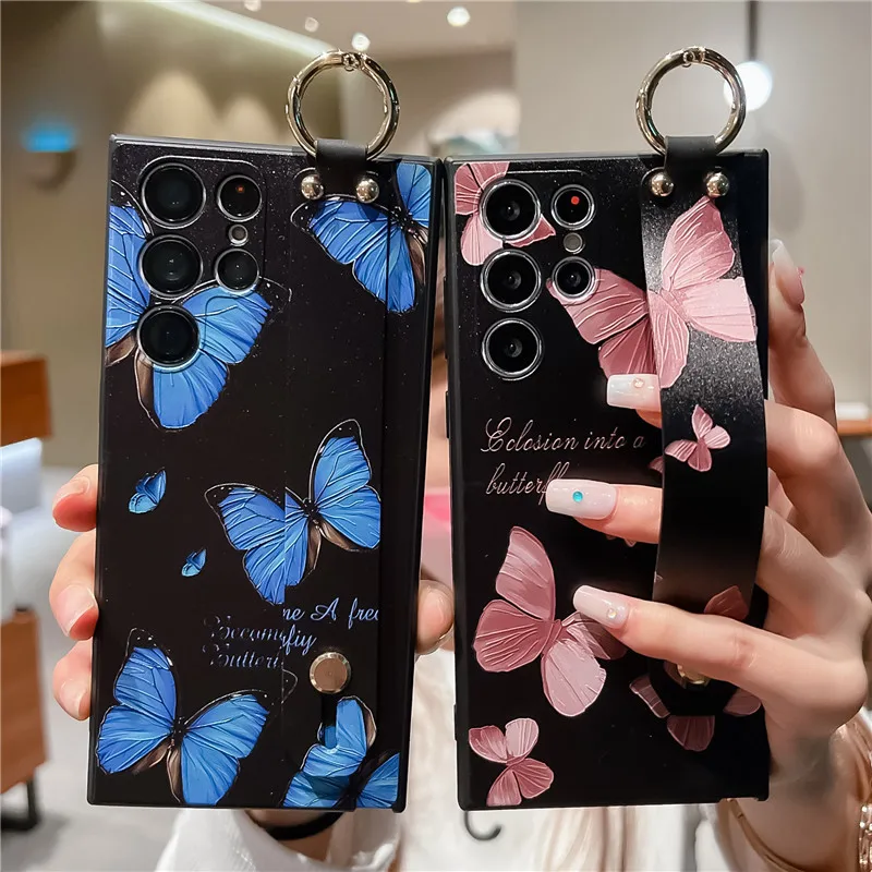 

Luxury Butterfly Wristband Phone Holder Silicon Case for Samsung S22 Ultra S23 S21 S20 Note 10 Lite 20 A34 24 14 54 13 A53 23 73