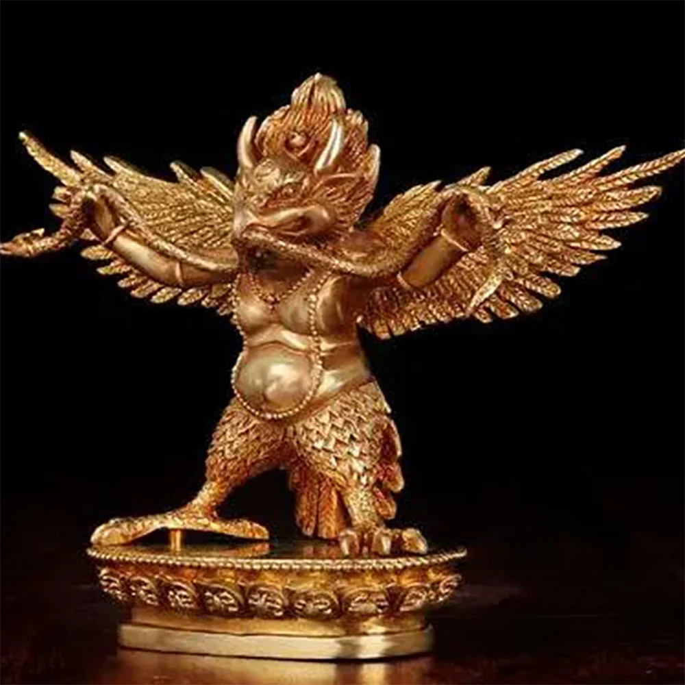 Asian Antique Tibet Handmade brass Gilt Garuda bird Buddha statue