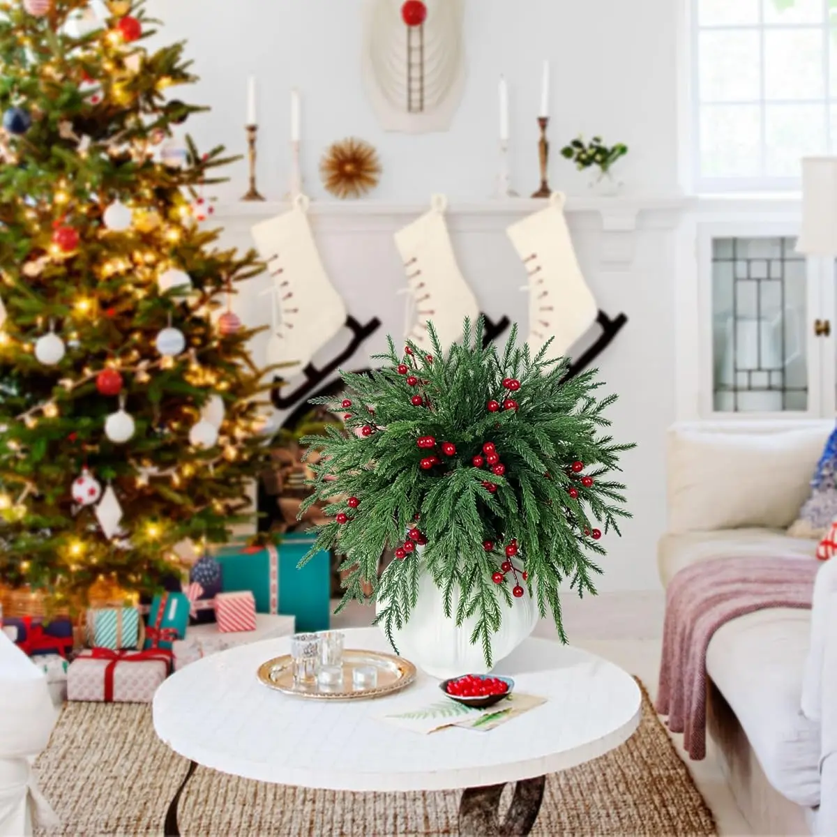 40 قطعة من فروع الصنوبر الشمالي الاصطناعي مع التوت الأحمر - أعواد خضراء واقعية لعيد الميلاد مقاس 12.8 بوصة