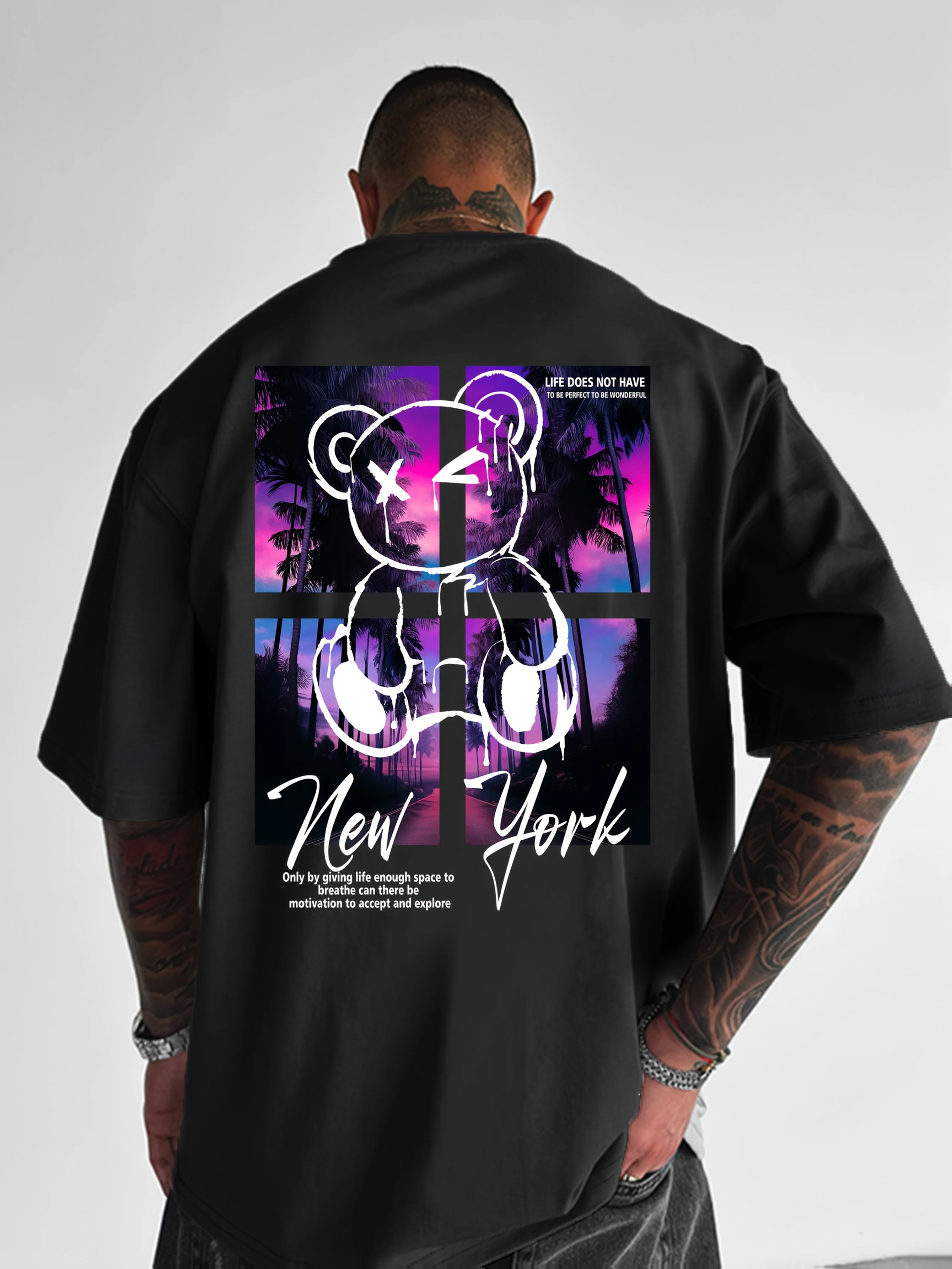 Teddy Bear New York Sunset Split Print on Premium Soft 100% Cotton Mens T Shirt Perfect for Summer Casual Streetwear Style