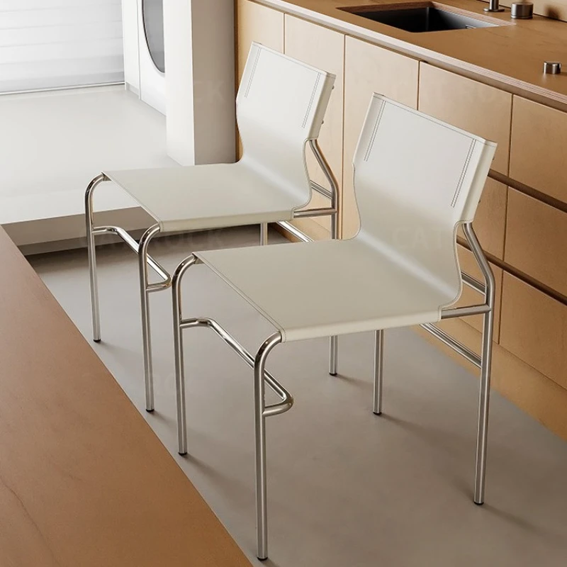 Minimalist Saddle Leather Dining Chair Mid-Century Modern Kitchen Furniture Stainless Steel Backrest Chair Home Living Room Seat
