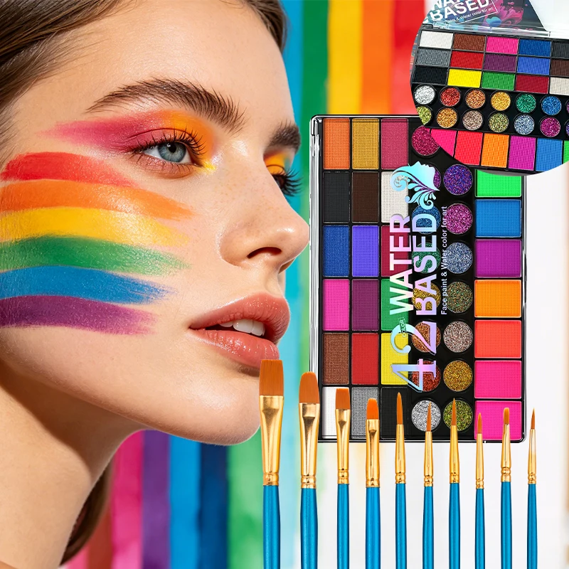 VERONNI 42 Colors Water Based Face Body Paint Palette with 10 Professional Makeup Brushes Washable Water-Soluble Face Paint Kit for Halloween Cosplay Festival Stage Makeup