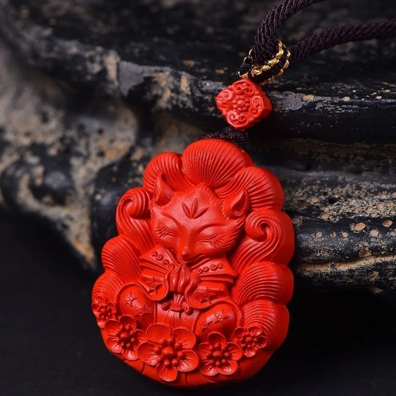 

Natural Raw Cinnabar Nine-tailed Fox Pendant, Exquisite Fashion Temperament Pendant