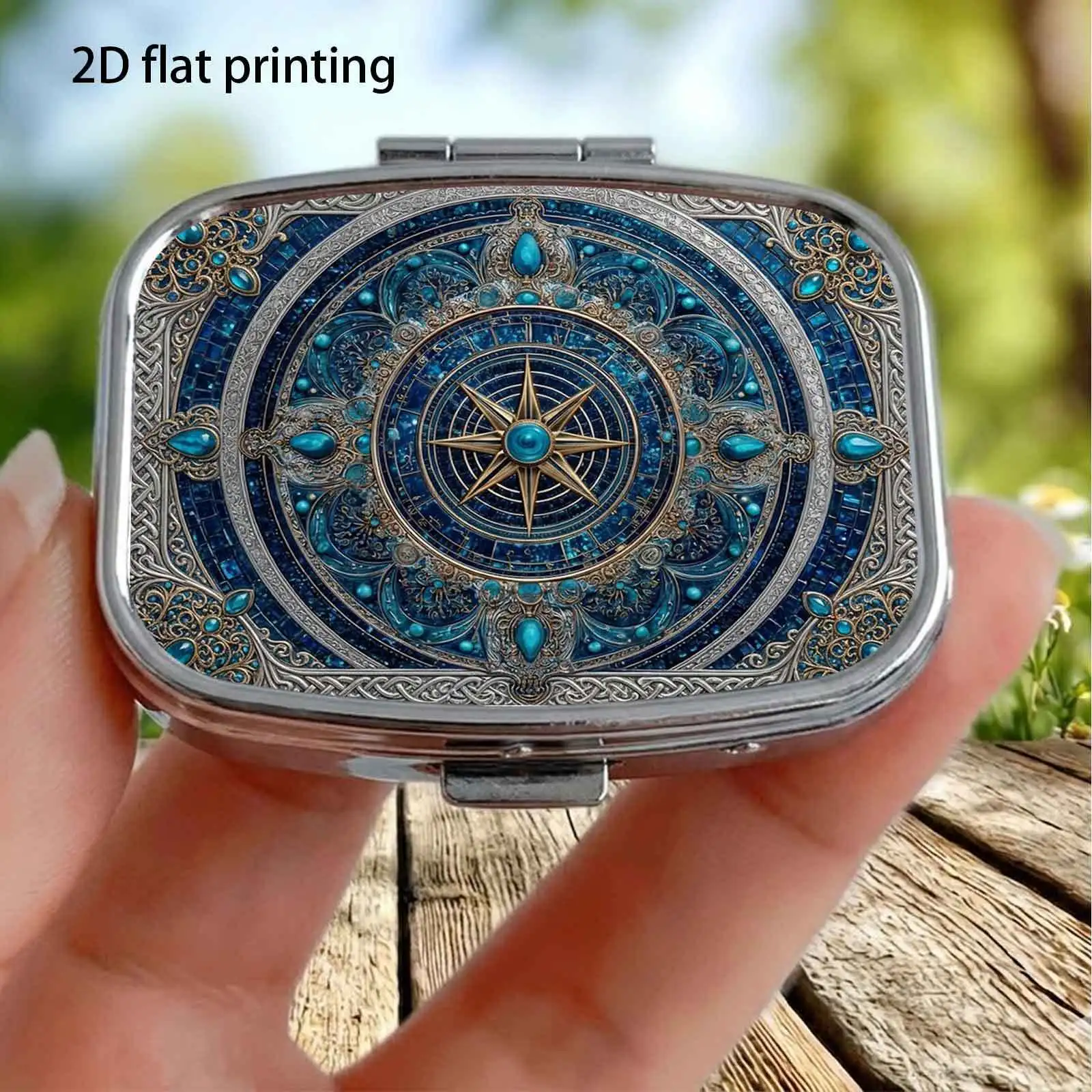 Multi-Layered Blue Background with Vintage Embossed Star Compass European-Style Pattern, Small Square Pill Organizer with Two Compartments, Portable Medicine Storage, Can Also Be Used as a Home Portable Organizer, Decorative Box, Perfect for Handbags, Wallets, and Travel, Metal Storage Box, Small Jewelry Organizer, Holiday Gifts, Souvenirs, Prizes, Small Gifts
