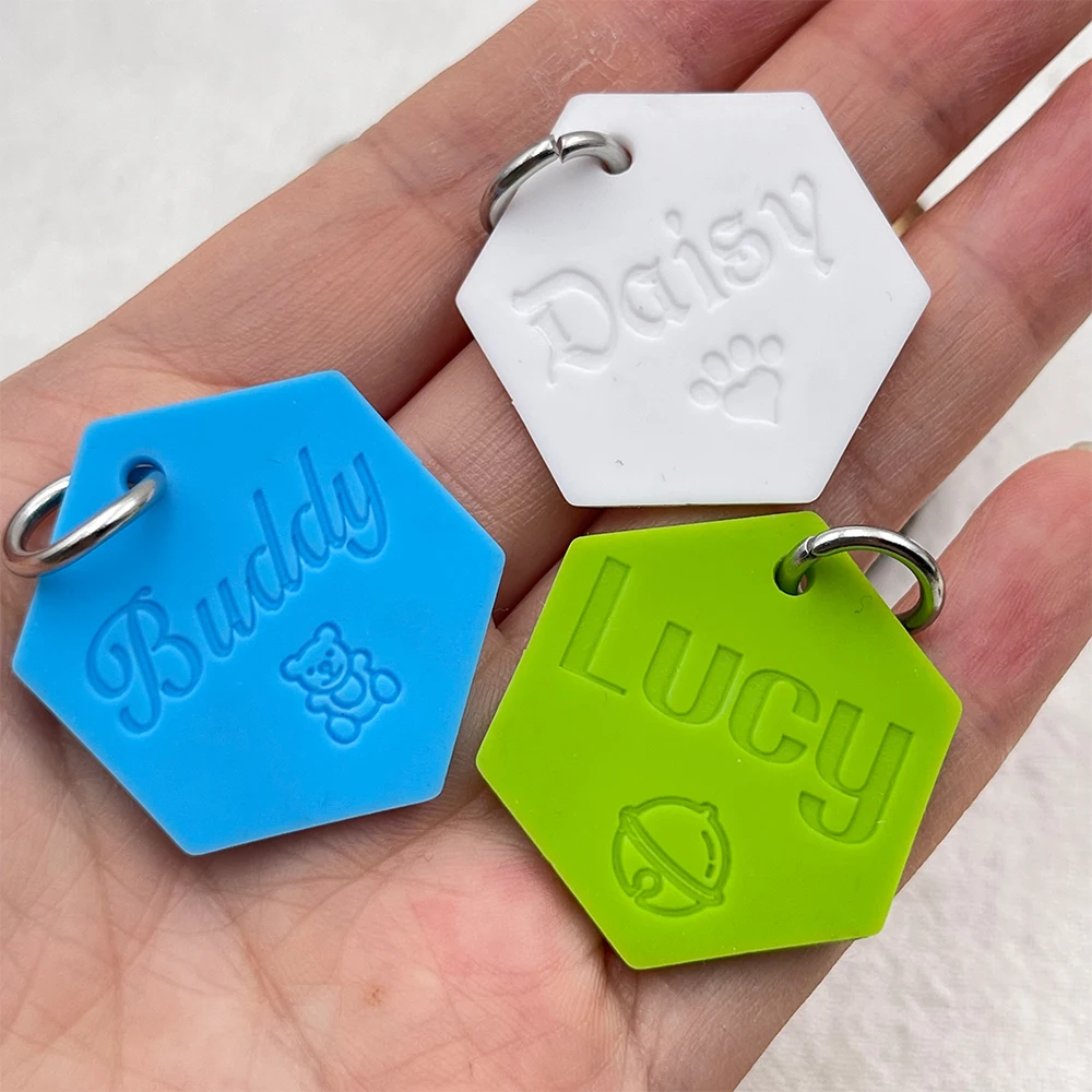 Hexagon Shaped Dogs Tags Silicone Pet Anti-lost ID Tag Dog Collar Tag Engraved Name Phone Number Custom Pendant Puppy Collars