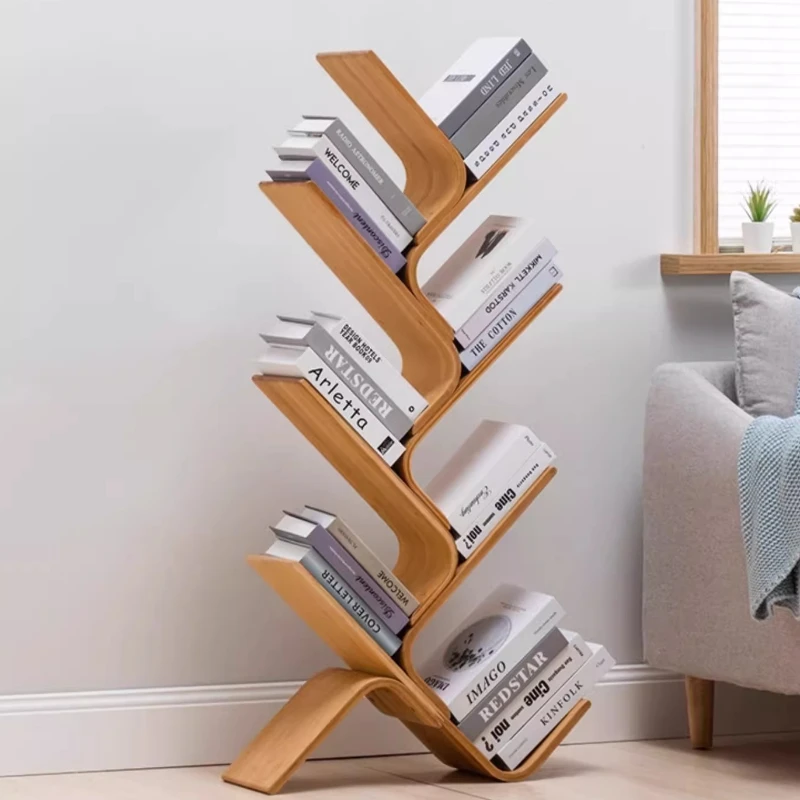 ‌Modern Tree-Shaped Bookcase, Solid Nanmu Floor Shelf, Narrow Multi-Tier Study Organizer, Open Wall-Mounted Storage Cabinet