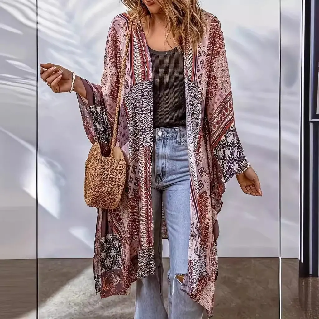 

Women's Bohemian Cardigan Aztec Print Bat Cape Spring Autumn New European American Style Casual Loose Fit Top