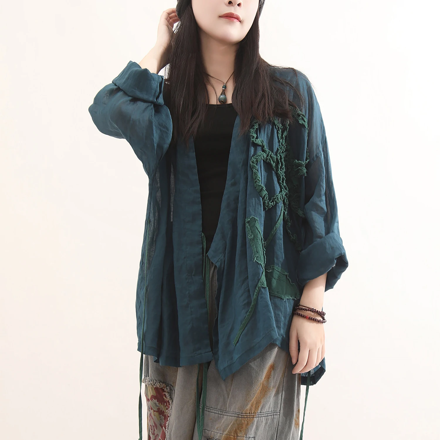 

Женская этническая винтажная рубашка LZJN из рами с завязками — легкий вышитый кардиган для весны и лета, накидка от солнца