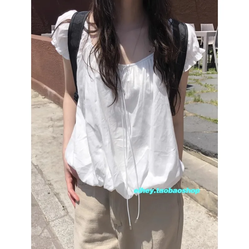 

Square Collar Drawstring Pleated Loose Short-sleeved T-shirt Female 2025 Summer New Korean Solid Color All Match Tops